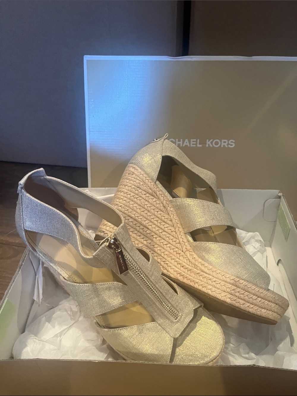 Michael Kors Shimmery Gold Braided Espadrille Wedges